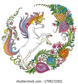 Vector magic unicorn with flowers in circle composition. Colorful ornamental illustration isolated on white. Tangle Illustration. Boho. For T Shirt, stickers, design and tattoo.