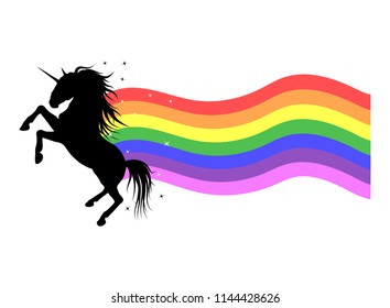 Vector magic unicorn with rainbow. Vector fairy tail illustration. Silhouette of unicorn