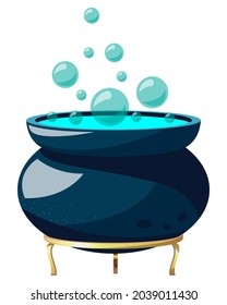 Vector magic vat with neon turquoise potion and bubbles isolated on white background. Cartoon witch cauldron with a gold stand for halloween.