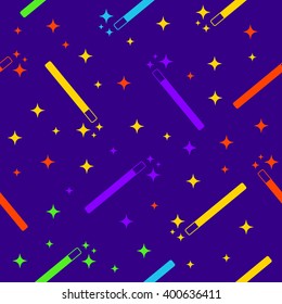 Vector Magic Wand with colorful multicolored magic stars seamless pattern background. Magic wand texture. Magic wand icon. Magic wand stars.