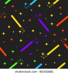 Vector Magic Wand with colorful multicolored magic stars seamless pattern background. Magic wand texture. Magic wand icon. Magic wand stars.Halloween magic wand