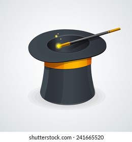 Vector magic wand and cylinder hat isolated