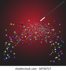 Vector - Magic wand performing tricks conjuring colorful star shapes