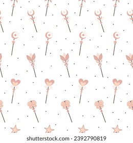 Vector Magic Wand with magic stars seamless pattern background. Magic wand icon. Magic wand stars in hand drawn style