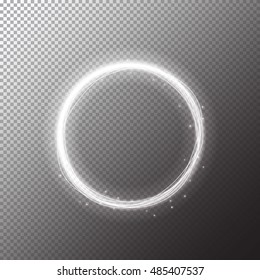 Vector magic white circle. Glowing fire ring trace. Glitter sparkle swirl trail effect on transparent background.