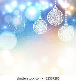Vector magic winter frozen background. Christmas balls on blurred background with lights and bokeh. Skates Ice pattern