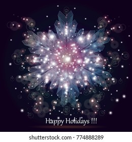 Vector magic winter greeting card with firework and snowflake in the night, celebration, fest flyer
