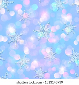 Vector magic winter seamless pattern. Cute pastel christmas background with bokeh and snowflakes. Shiny design with sparkles and stars.