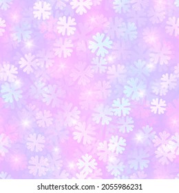 Vector Magic Winter Seamless Pattern. Iridescent Snowflakes Bokeh. Shiny Christmas Texture with Sparkles. Pastel Background. 