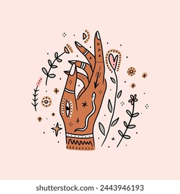 Vector magic witch abstract logo design template in trendy linear minimal style with tattooed hand, moon and stars. Boho whimsical mystic symbols set, good for cosmetics and hand crafted packaging