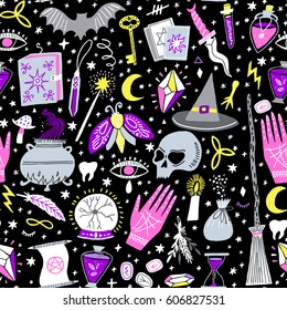 Vector Magic Witch Seamless Pattern. Witchcraft Background