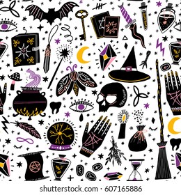 Vector Magic Witch Seamless Pattern. Witchcraft Background