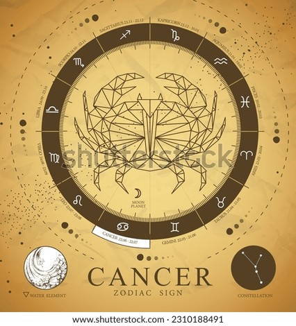 Vector magic witchcraft card with astrology Cancer zodiac sign. Polygonal crab illustration. Zodiac characteristic