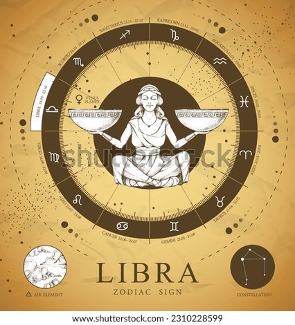 Vector magic witchcraft card with astrology Libra zodiac sign. Realistic hand drawing woman with scales. Zodiac characteristic