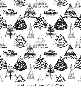 Vector magic xmas fir forest seamless pattern. Merry Christmas and happy new year greeting card backdrop design. Retro hand drawn flat art on white background.