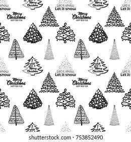 Vector magic xmas fir forest seamless pattern. Merry Christmas and happy new year greeting card backdrop design. Retro hand drawn flat art on white background.