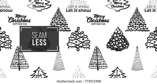 Vector magic xmas fir forest seamless pattern. Merry Christmas and happy new year greeting card backdrop design. Retro hand drawn flat art on white background.