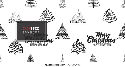Vector magic xmas fir forest seamless pattern. Merry Christmas and happy new year greeting card backdrop design. Retro hand drawn flat art on white background.