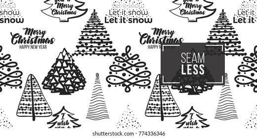 Vector magic xmas fir forest seamless pattern. Merry Christmas and happy new year greeting card backdrop design. Retro hand drawn flat art on white background.