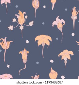 Vector Magical Autumn Pumpkin Flowers on dots and stars seamless pattern background. Perfect for fabric, scrapbooking and wallpaper projects.