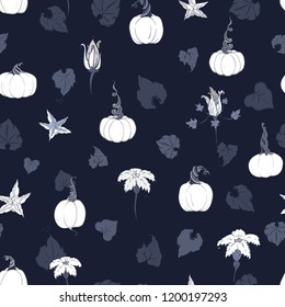 Vector Magical Autumn Pumpkin with Flowers and Leaves on dark seamless pattern background. Perfect for fabric, scrapbooking and wallpaper projects.