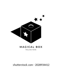 Vector of magical box with stars logo illustration. Gift, package, product, shape. Simple creative abstract logotype design. Used for company, branding, symbol, sign and icon. Isolated background.