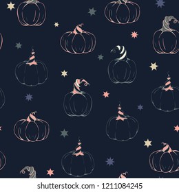 Vector Magical Chalkpaint Pumpkins with Stars seamless pattern background. Perfect for fabric, scrapbooking and wallpaper projects.