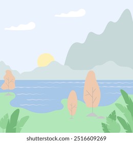 País mágico vetorial com árvores, plantas, montanhas e nuvens. Projeto de paisagem conto de fadas. Estilo de design plano minimalismo.