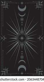 Vector magical dark background with an ornate geometric frame, moon phases, big star with concentric circles and pointed beams. Celestial mystical vertical banner with crescents and decorative border