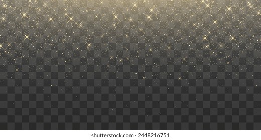 Vector magical dust light, dusty shine. Flying particles of light. Christmas light effect. Sparkling particles of fairy dust glow in transparent background. Vector illustration isolated on png