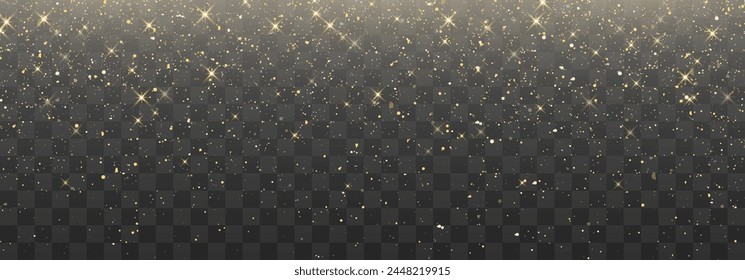Vector magical dust light, dusty shine. Flying particles of light. Christmas light effect. Sparkling particles of fairy dust glow in transparent background. Vector illustration isolated on png