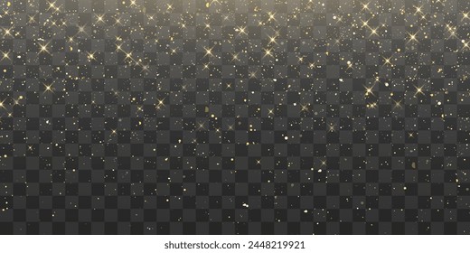 Vector magical dust light, dusty shine. Flying particles of light. Christmas light effect. Sparkling particles of fairy dust glow in transparent background. Vector illustration isolated on png