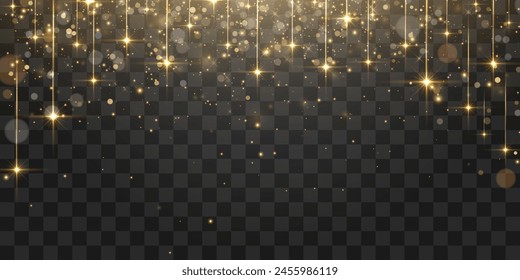 Vector magical dust light, dusty shine. Flying particles of light. Christmas light effect. Sparkling particles of fairy dust glow in transparent background. Vector illustration isolated on png