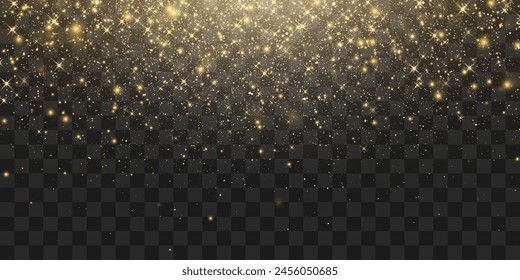 Vector magical dust light, dusty shine. Flying particles of light. Christmas light effect. Sparkling particles of fairy dust glow in transparent background. Vector illustration isolated on png