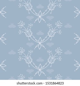Vector Magical Florals Arabesque in Blue seamless pattern background.