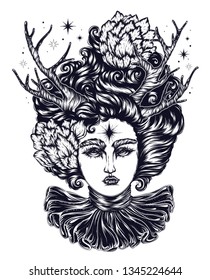 Vector magical forest fairy with curly hair with flowers. A fantastic goddess demon with horns of a deer, and ruffle collar. Linear decorated graphic. Mythological characters tattoo art, print t-shirt