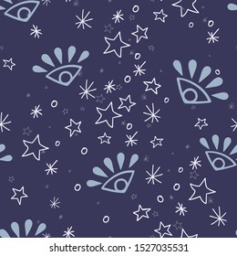 Vector Magical Forest Fairy Eyes in Blue seamless pattern background.
