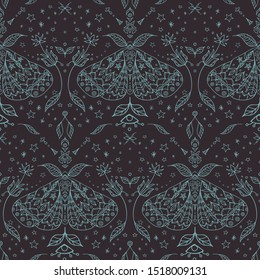 Vector Magical Forest Moths Line Art seamless pattern background.