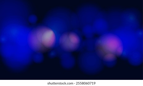 Vector Magical Glowing Background with Dark Blue and Purple Falling Bokeh Circles on Black. Christmass and New Year Poster. Glittery Confetti Frame. Holiday Email Design. Defocused Print.