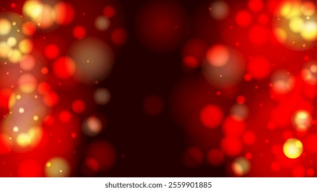 Vector Magical Glowing Background with Red Falling Bokeh Circles on Black. Love and Passion. Cosmic Bokeh Light. Merry Christmass Header. Defocused Print.