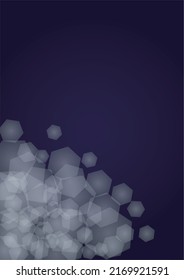 Vector Magical Glowing Background with Silver and Purple Falling Hexagon Snowflakes on Black. Falling Snow. Glittery Confetti Frame. Cosmic Bokeh Light. Christmas and New Year Poster. Winter Sky.