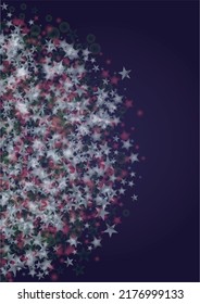 Vector Magical Glowing Background with Silver and Purple Falling Hexagon Snowflakes on Black. Falling Snow. Glittery Confetti Frame. Cosmic Bokeh Light. Christmas and New Year Poster. Winter Sky.
