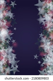 Vector Magical Glowing Background with Silver and Purple Falling Hexagon Snowflakes on Black. Falling Snow. Glittery Confetti Frame. Cosmic Bokeh Light. Christmas and New Year Poster. Winter Sky.