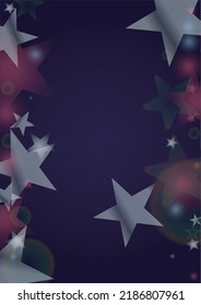 Vector Magical Glowing Background with Silver and Purple Falling Hexagon Snowflakes on Black. Falling Snow. Glittery Confetti Frame. Cosmic Bokeh Light. Christmas and New Year Poster. Winter Sky.