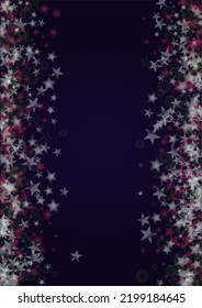 Vector Magical Glowing Background with Silver and Purple Falling Hexagon Snowflakes on Black. Falling Snow. Glittery Confetti Frame. Cosmic Bokeh Light. Christmas and New Year Poster. Winter Sky.
