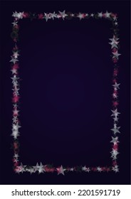 Vector Magical Glowing Background with Silver and Purple Falling Hexagon Snowflakes on Black. Falling Snow. Glittery Confetti Frame. Cosmic Bokeh Light. Christmas and New Year Poster. Winter Sky.