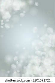 Vector Magical Glowing Background with Silver and Purple Falling Hexagon on Blue. Falling Snow. Glittery Confetti Frame. Christmas and New Year Design. Winter Sky. Summer Sunshine. Water Bokeh Splash.