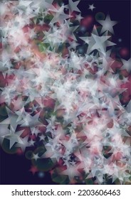 Vector Magical Glowing Background with Silver and Purple Falling Hexagon Snowflakes on Black. Falling Snow. Glittery Confetti Frame. Cosmic Bokeh Light. Christmas and New Year Poster. Winter Sky.