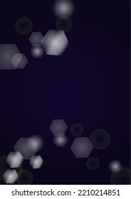 Vector Magical Glowing Background with Silver and Purple Falling Hexagon Snowflakes on Black. Falling Snow. Glittery Confetti Frame. Cosmic Bokeh Light. Christmas and New Year Poster. Winter Sky.
