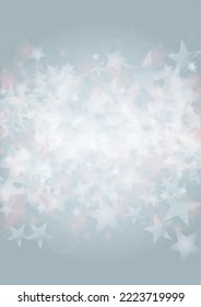 Vector Magical Glowing Background with Silver and Purple Falling Hexagon on Blue. Falling Snow. Glittery Confetti Frame. Christmas and New Year Design. Winter Sky. Summer Sunshine. Water Bokeh Splash.